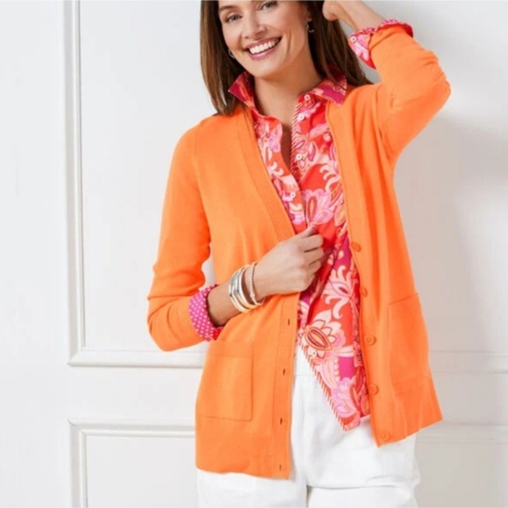 Talbots Women Coral Orange V Neck Button Up Cardigan Sweater Size Petite 2XP NEW